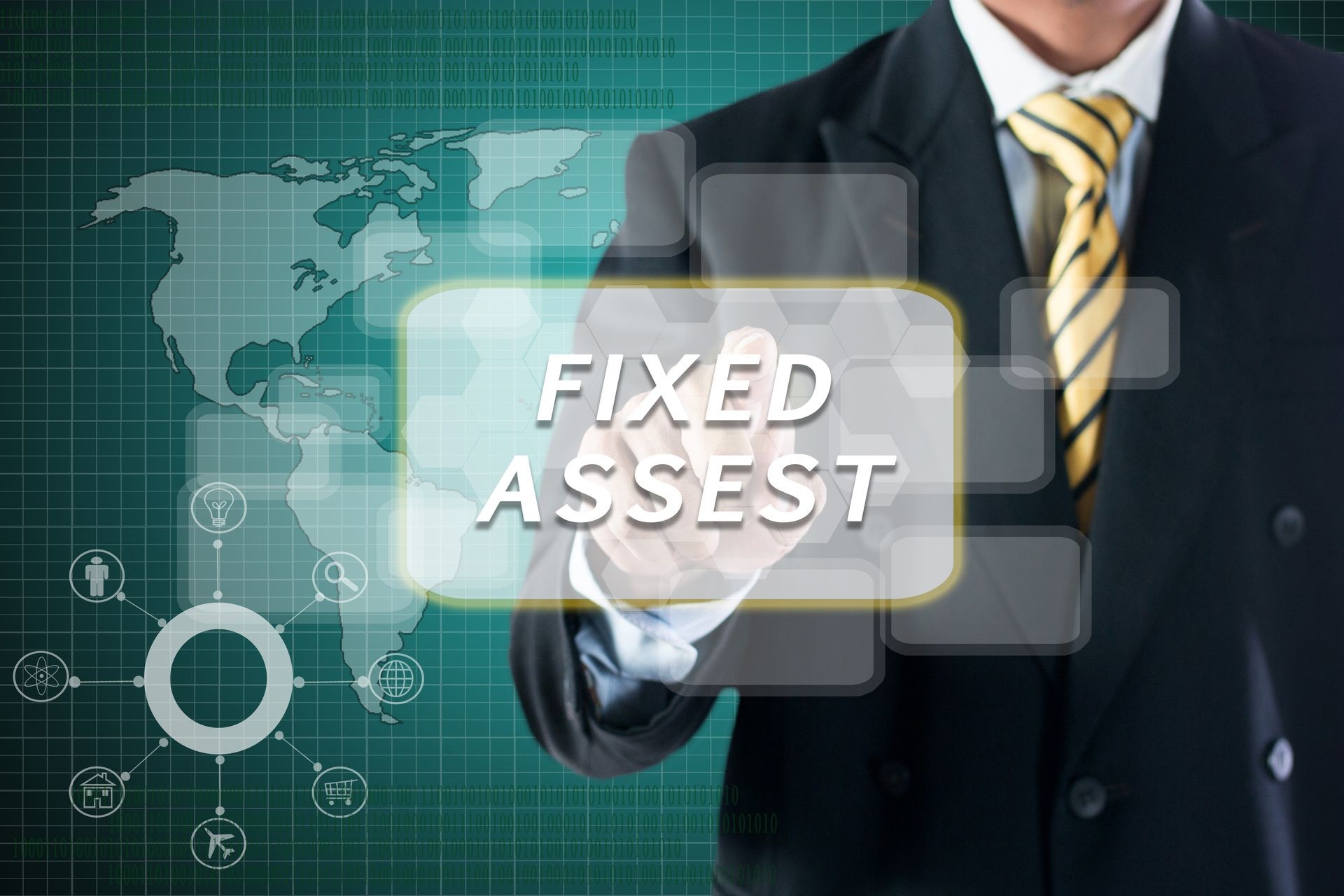 BUSINESS MAN TOUCHING ON DIGITAL SCREEN WRITE  FIXED ASSETS.